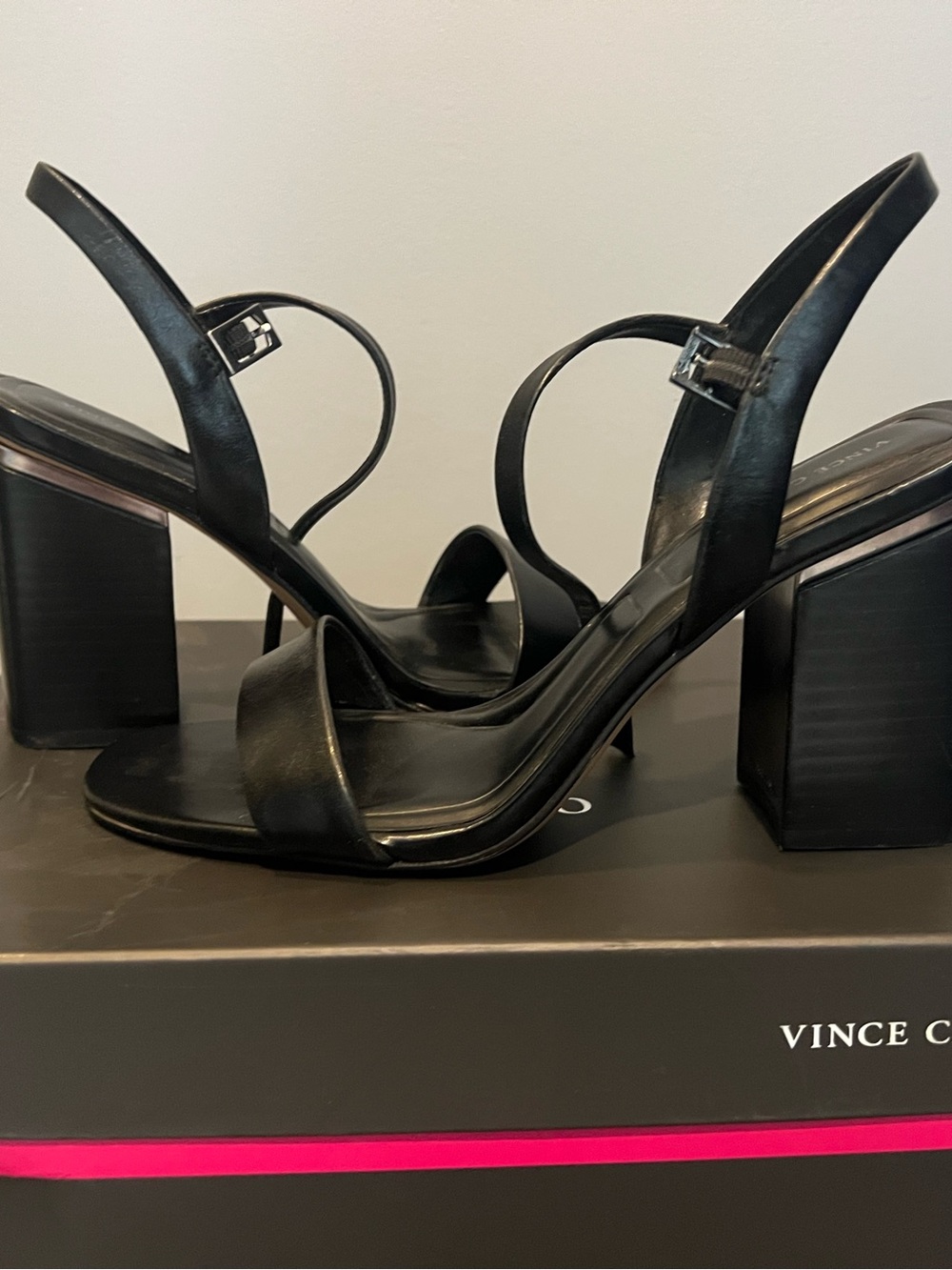 Vince Camuto Black Leather Block Heel Slingback Sandals